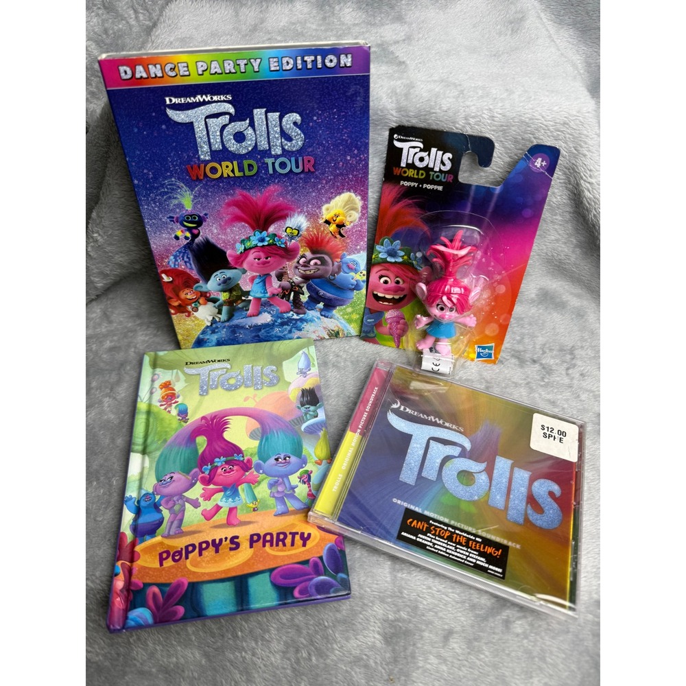 DreamWorks Trolls World Tour DVD CD Poppy Figure and Hardcover Book Lot